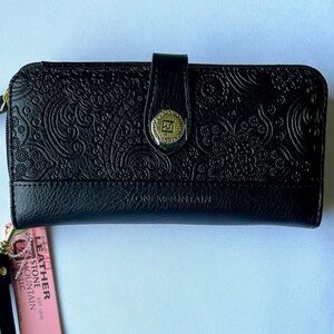 Stone Mountain Paisley Embossed Black Bonded Leather Wristlet Wallet Purse